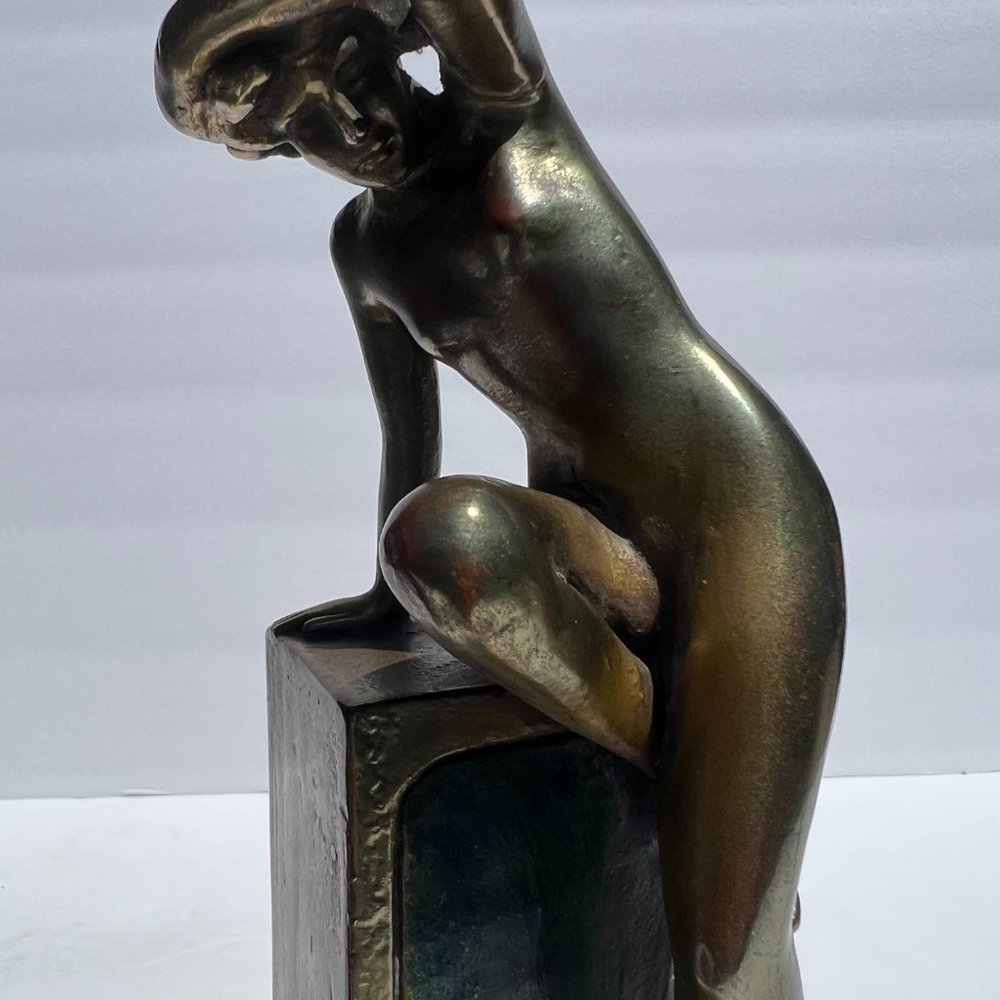Bronze Bookends Nude Man Woman Art Nouveau Sculpture Circa 1916 “Classic Art” - Picture 11 of 16